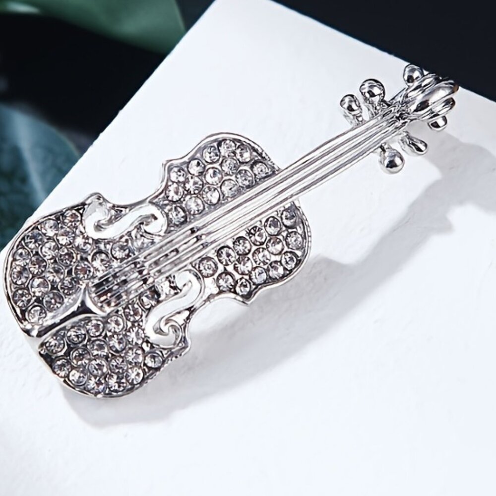 Exquisite Violin Design Full Shiny Artificial Crystal Inlaid Brooch Clothing Pin